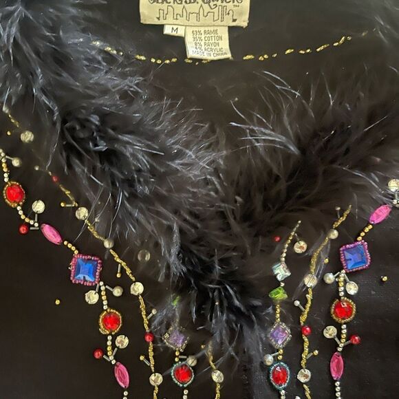 Jack B Quick vintage embellished button down black cardigan w/  faux fur collar - Picture 8 of 12